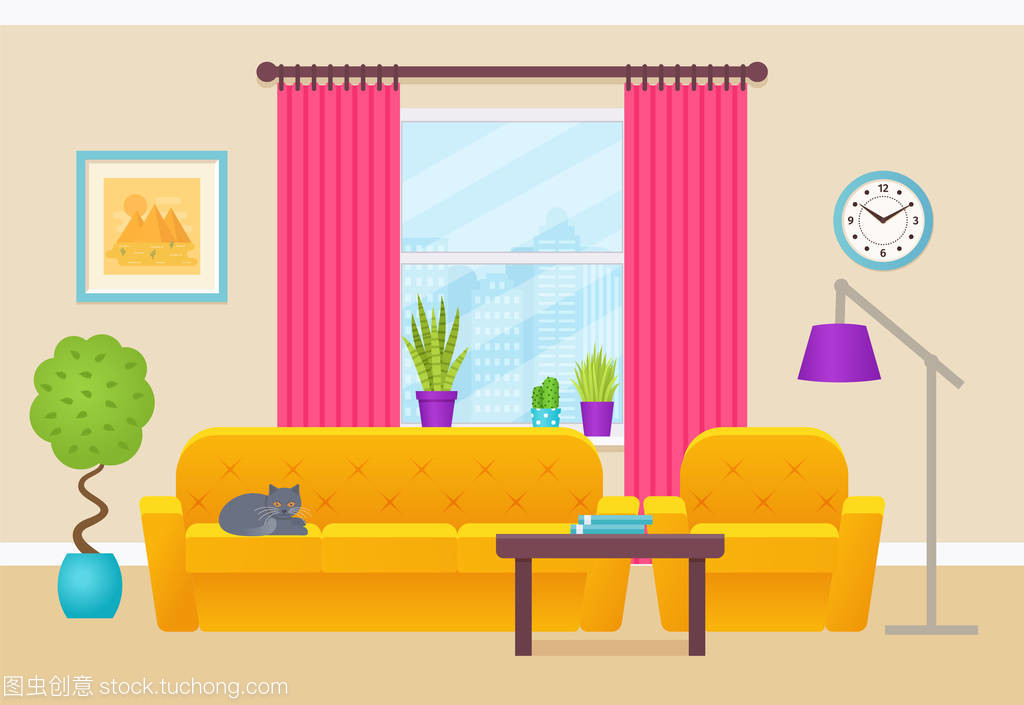 Living room interior. Vector illustration. Lounge with furniture, window, cat. Home background in flat design. Cartoon house equipment.